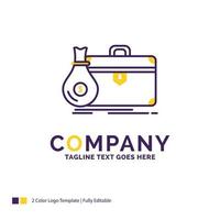 Company Name Logo Design For briefcase. business. case. open. portfolio. Purple and yellow Brand Name Design with place for Tagline. Creative Logo template for Small and Large Business. vector