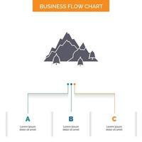 mountain. landscape. hill. nature. tree Business Flow Chart Design with 3 Steps. Glyph Icon For Presentation Background Template Place for text. vector