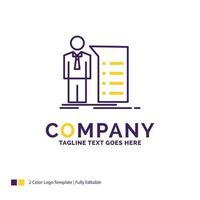 Company Name Logo Design For Business. explanation. graph. meeting. presentation. Purple and yellow Brand Name Design with place for Tagline. Creative Logo template for Small and Large Business. vector
