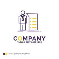 diseño de logotipo de nombre de empresa para negocios. explicación. grafico. reunión. presentación. diseño de marca púrpura y amarillo con lugar para eslogan. plantilla de logotipo creativo para pequeñas y grandes empresas. vector