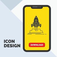 lanzar. misión. lanzadera. puesta en marcha. publicar icono de glifo en el móvil para la página de descarga. fondo amarillo vector