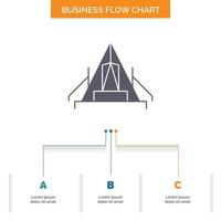 tienda. cámping. acampar. cámping. diseño de diagrama de flujo de negocios al aire libre con 3 pasos. icono de glifo para el lugar de plantilla de fondo de presentación para texto. vector