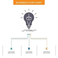 3d Cube. idea. bulb. printing. box Business Flow Chart Design with 3 Steps. Glyph Icon For Presentation Background Template Place for text. vector