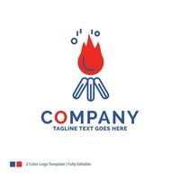 diseño del logotipo del nombre de la empresa para el fuego. fuego. hoguera. cámping. acampar. diseño de marca azul y rojo con lugar para eslogan. plantilla de logotipo creativo abstracto para pequeñas y grandes empresas. vector