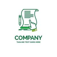 contrato. documento. papel. señal. convenio. plantilla de logotipo de empresa plana de aplicación. diseño creativo de marca verde. vector