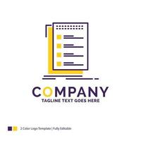 Company Name Logo Design For Check. checklist. list. task. to do. Purple and yellow Brand Name Design with place for Tagline. Creative Logo template for Small and Large Business. vector