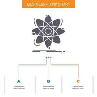 átomo. Ciencias. química. física. diseño de diagrama de flujo de negocios nucleares con 3 pasos. icono de glifo para el lugar de plantilla de fondo de presentación para texto. vector