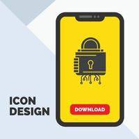 seguridad. cibernético cerrar. proteccion. icono de glifo seguro en el móvil para la página de descarga. fondo amarillo vector