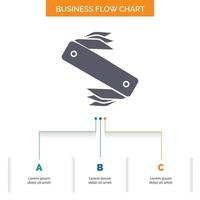 cuchillo. ejército. cámping. suizo. diseño de diagrama de flujo de negocios de bolsillo con 3 pasos. icono de glifo para el lugar de plantilla de fondo de presentación para texto. vector