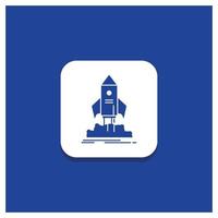 Blue Round Button for launch. startup. ship. shuttle. mission Glyph icon vector