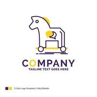 diseño del logotipo del nombre de la empresa para el ciberdelito. caballo. Internet. troyano virus. diseño de marca púrpura y amarillo con lugar para eslogan. plantilla de logotipo creativo para pequeñas y grandes empresas. vector