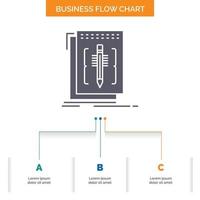 Code. edit. editor. language. program Business Flow Chart Design with 3 Steps. Glyph Icon For Presentation Background Template Place for text. vector