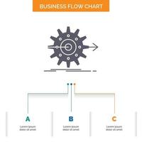 actuación. Progreso. trabajar. ajuste. diseño de diagrama de flujo de negocios de engranajes con 3 pasos. icono de glifo para el lugar de plantilla de fondo de presentación para texto. vector