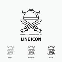 battle. emblem. viking. warrior. swords Icon in Thin. Regular and Bold Line Style. Vector illustration