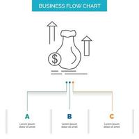 dinero. bolsa. dólar. crecimiento. diseño de diagrama de flujo de negocios bursátiles con 3 pasos. icono de línea para el lugar de plantilla de fondo de presentación para texto vector