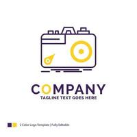 Company Name Logo Design For Camera. photography. capture. photo. aperture. Purple and yellow Brand Name Design with place for Tagline. Creative Logo template for Small and Large Business. vector