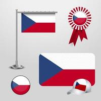 Czech Republic Country Flag haning on pole. Ribbon Badge Banner. sports Hat and Round Button vector