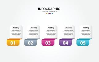 Carpeta de plantilla colorida de diseño vectorial de marketing comercial infográfico horizontal 5 opciones o pasos en un estilo mínimo. vector