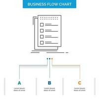 controlar. Lista de Verificación. lista. tarea. para hacer un diseño de diagrama de flujo de negocios con 3 pasos. icono de línea para el lugar de plantilla de fondo de presentación para texto vector