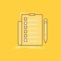 expertise. checklist. check. list. document Flat Line Filled Icon. Beautiful Logo button over yellow background for UI and UX. website or mobile application vector