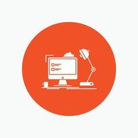 workplace. workstation. office. lamp. computer White Glyph Icon in Circle. Vector Button illustration