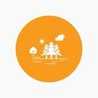 . Mountain. hill. landscape. nature. clouds White Glyph Icon in Circle. Vector Button illustration