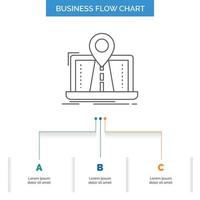 Navigation. Map. System. GPS. Route Business Flow Chart Design with 3 Steps. Line Icon For Presentation Background Template Place for text vector