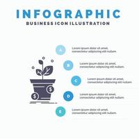 dólar. crecimiento. maceta. lucro. plantilla de infografía empresarial para sitio web y presentación. icono de glifo gris con ilustración de vector de estilo infográfico azul.