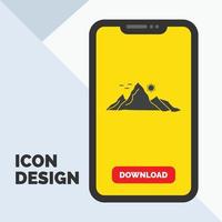 mountain. landscape. hill. nature. sun Glyph Icon in Mobile for Download Page. Yellow Background vector