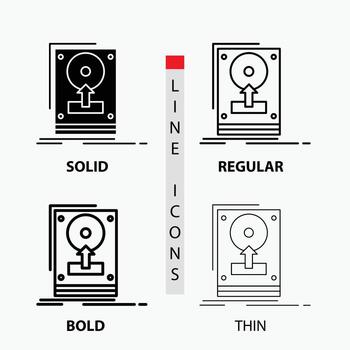 install. drive. hdd. save. upload Icon in Thin. Regular. Bold Line and Glyph Style. Vector illustration