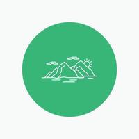 montaña. Cerro. paisaje. naturaleza. icono de línea blanca de noche en el fondo del círculo. ilustración de icono de vector