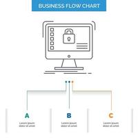 secure. protection. safe. system. data Business Flow Chart Design with 3 Steps. Line Icon For Presentation Background Template Place for text vector