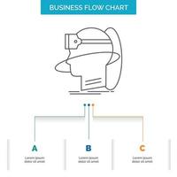 humano. hombre. la realidad. usuario. virtual. diseño de diagrama de flujo de negocios vr con 3 pasos. icono de línea para el lugar de plantilla de fondo de presentación para texto vector