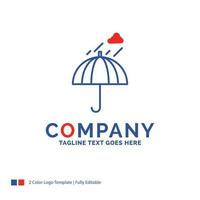 diseño del logotipo del nombre de la empresa para paraguas. cámping. lluvia. la seguridad. clima. diseño de marca azul y rojo con lugar para eslogan. plantilla de logotipo creativo abstracto para pequeñas y grandes empresas. vector