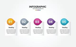 Five paper white overlapping arrows placed in horizontal row. Concept of 5 successive steps of progressive business development vector