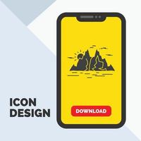 Nature. hill. landscape. mountain. water Glyph Icon in Mobile for Download Page. Yellow Background vector