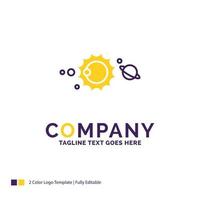 Company Name Logo Design For solar. system. universe. solar system. astronomy. Purple and yellow Brand Name Design with place for Tagline. Creative Logo template for Small and Large Business. vector