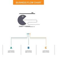 Character. computer. game. gaming. pacman Business Flow Chart Design with 3 Steps. Glyph Icon For Presentation Background Template Place for text. vector