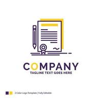 Company Name Logo Design For Business. certificate. contract. degree. document. Purple and yellow Brand Name Design with place for Tagline. Creative Logo template for Small and Large Business. vector