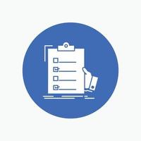 checklist. check. expertise. list. clipboard White Glyph Icon in Circle. Vector Button illustration