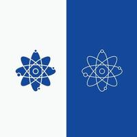 átomo. nuclear. molécula. química. línea de ciencia y botón web de glifo en banner vertical de color azul para ui y ux. sitio web o aplicación móvil vector