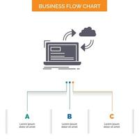 sync. processing. data. dashboard. arrows Business Flow Chart Design with 3 Steps. Glyph Icon For Presentation Background Template Place for text. vector