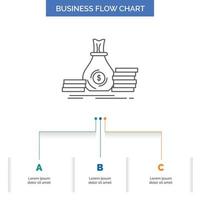 acumulación. bolsa. inversión. préstamo. diseño de diagrama de flujo de negocios de dinero con 3 pasos. icono de línea para el lugar de plantilla de fondo de presentación para texto vector