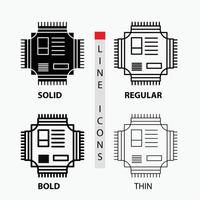 chip. UPC. pastilla. procesador. icono de tecnología en fino. regular. línea en negrita y estilo de glifo. ilustración vectorial vector