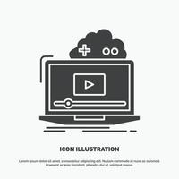 nube. juego. en línea. transmisión. icono de vídeo símbolo gris vectorial de glifo para ui y ux. sitio web o aplicación móvil vector