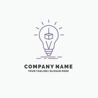 3d Cube. idea. bulb. printing. box Purple Business Logo Template. Place for Tagline vector