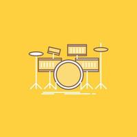 tambor. batería. instrumento. equipo. icono lleno de línea plana musical. hermoso botón de logotipo sobre fondo amarillo para ui y ux. sitio web o aplicación móvil vector