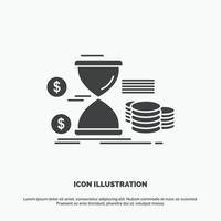 Hourglass. management. money. time. coins Icon. glyph vector gray symbol for UI and UX. website or mobile application