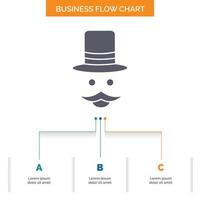 bigote. inconformista. movimiento sombrero. diseño de diagrama de flujo de negocios de hombres con 3 pasos. icono de glifo para el lugar de plantilla de fondo de presentación para texto. vector