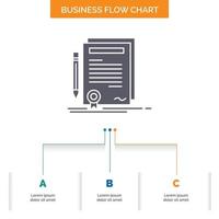 negocio. certificado. contrato. la licenciatura. documento de diseño de diagrama de flujo de negocios con 3 pasos. icono de glifo para el lugar de plantilla de fondo de presentación para texto. vector